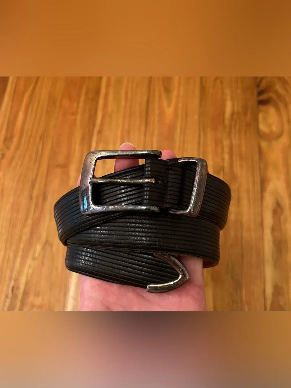 Men’s Martin Dingman Black Striped Genuine Italian Calfskin Leather Belt Sz 40
